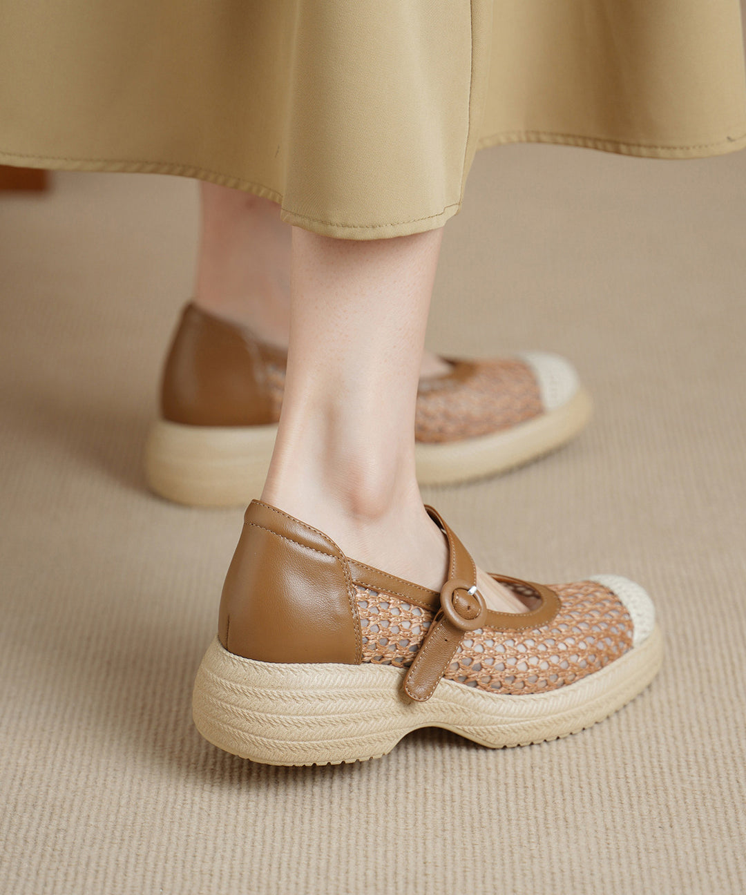 Khaki Flats Knit Fabric Comfy Buckle Strap Flat Shoes For Women