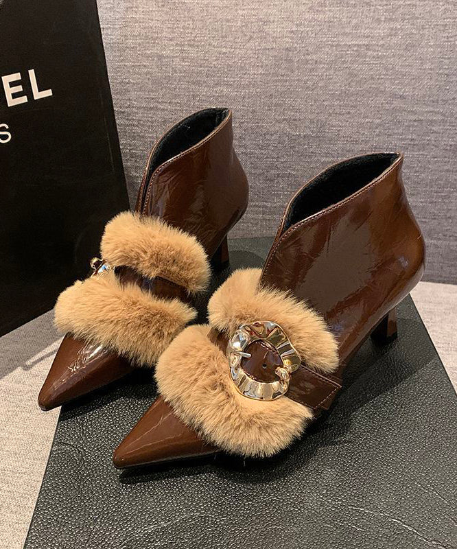 Khaki High Heel Faux Leather Beautiful Fur Splicing Boots