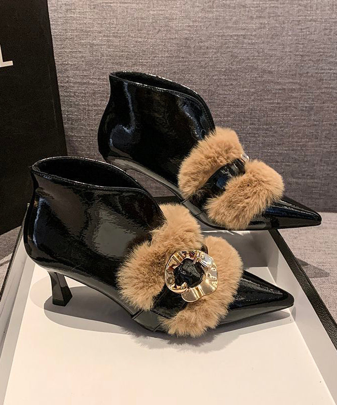 Khaki High Heel Faux Leather Beautiful Fur Splicing Boots