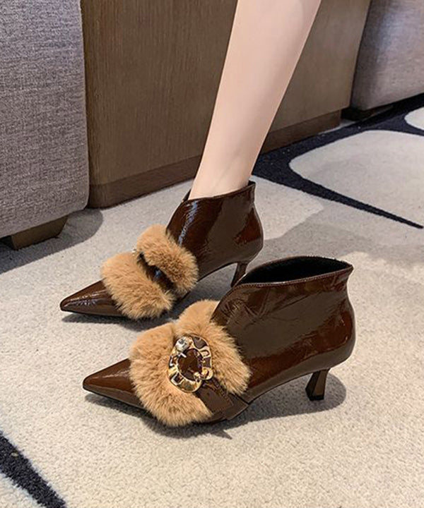 Khaki High Heel Faux Leather Beautiful Fur Splicing Boots