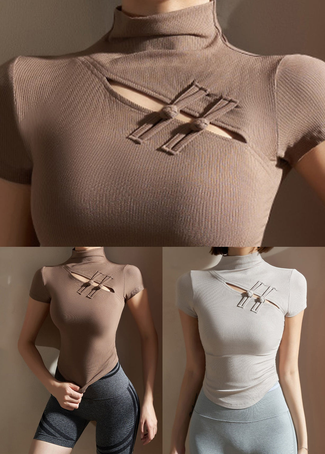 Khaki Hollow Out Button Modal Cotton Yoga Wrap Top