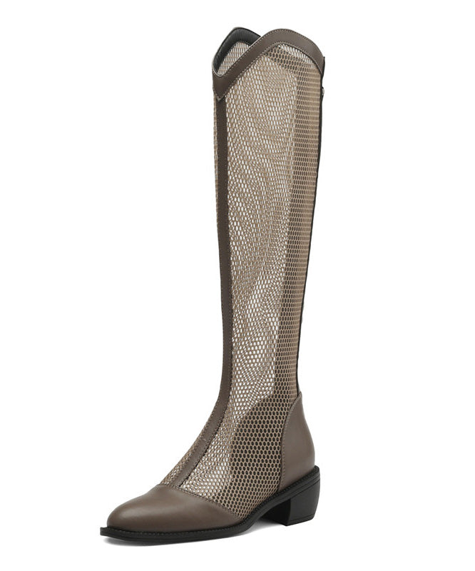Khaki Hollow Out Chunky Faux Leather Fashion Splicing Boots