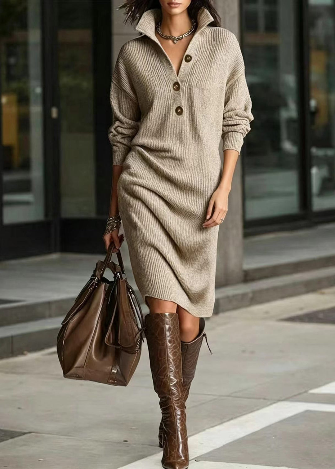 Khaki Knit Dress Button Turn-Down Collar Long sleeve