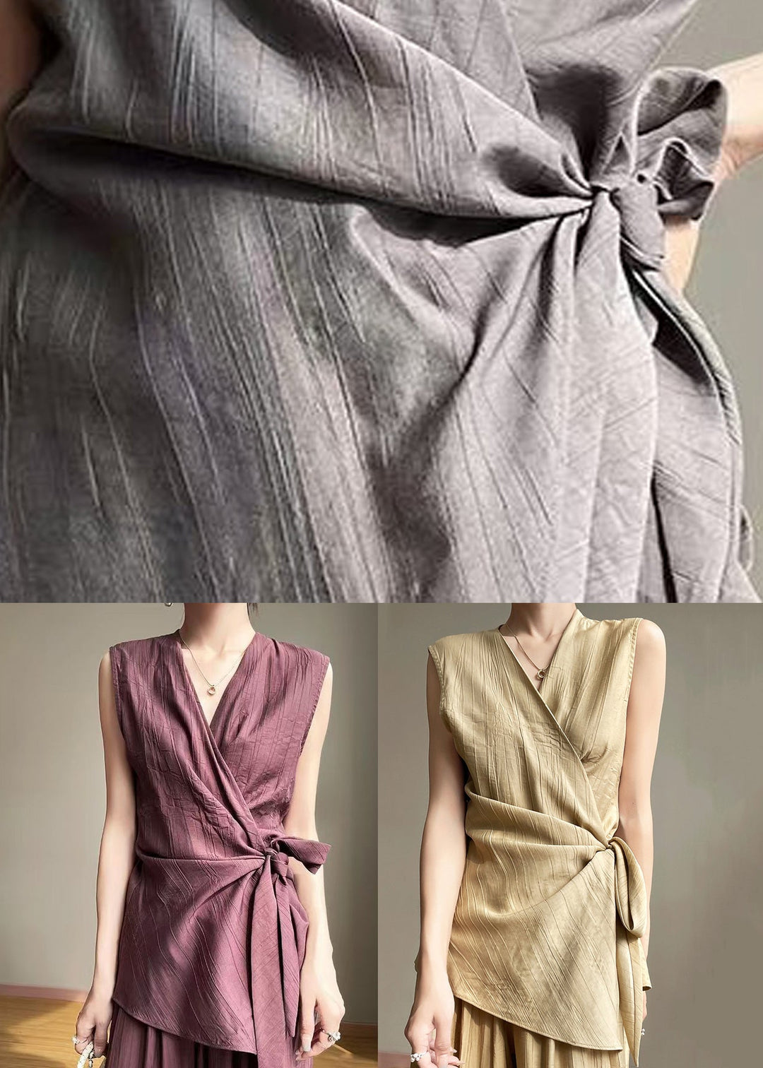 Khaki Lace Up Solid Cotton Sleeveless Shirts V Neck