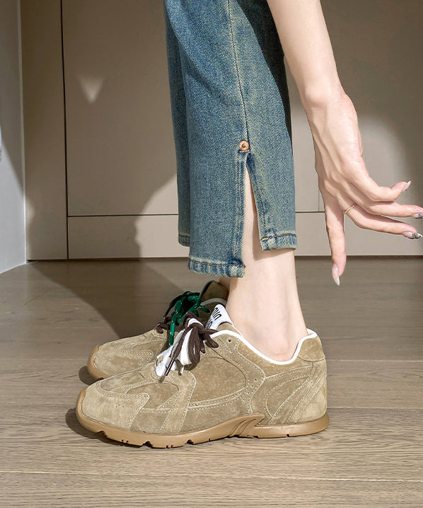 Khaki Lace Up Splicing Platform Sport Flat Shoes For Women