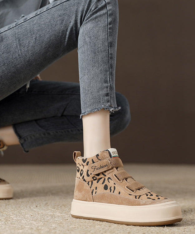 Khaki Leopard Platform Suede Buckle Strap Splicing Boots