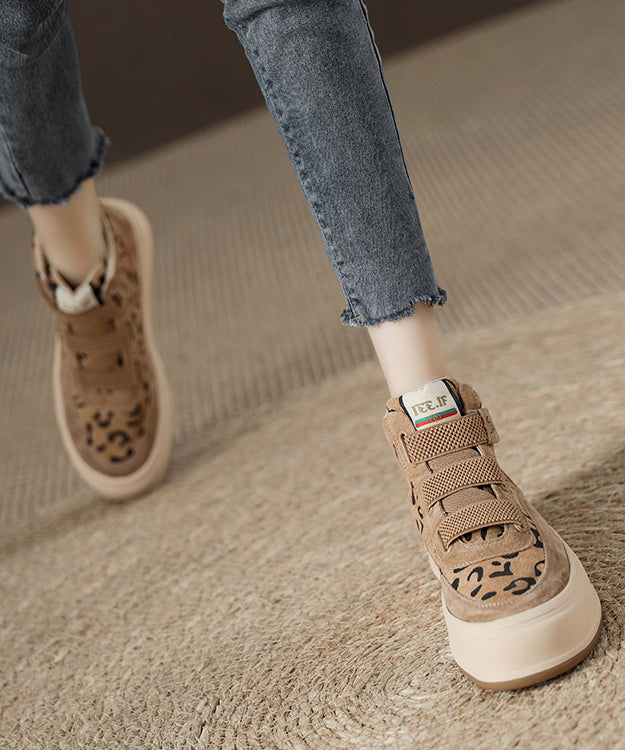 Khaki Leopard Platform Suede Buckle Strap Splicing Boots