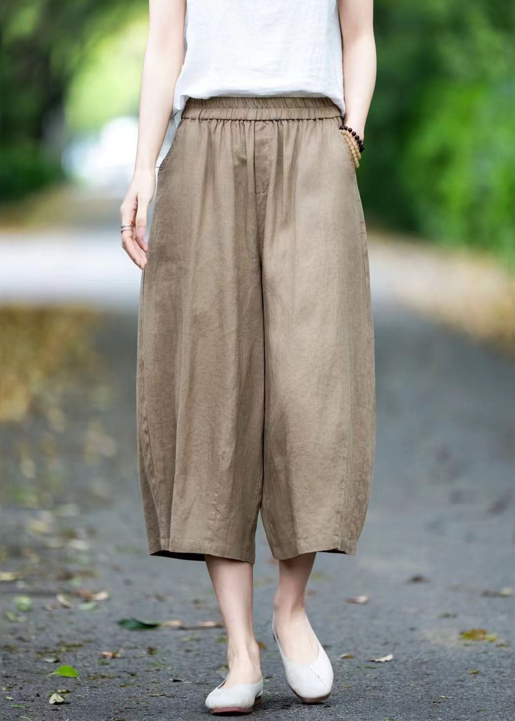 Khaki Linen Crop Pants Oversized Pockets Summer