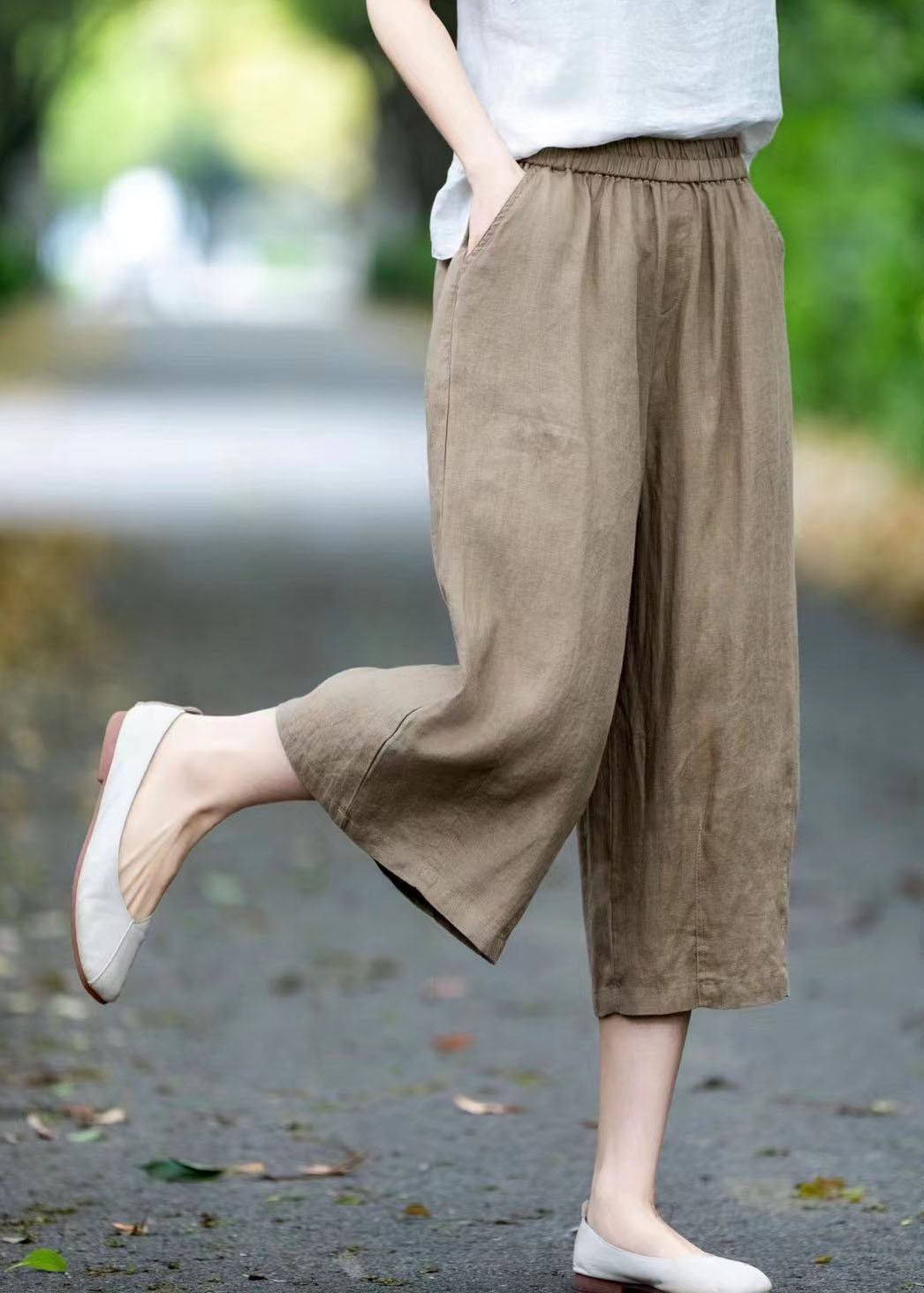 Khaki Linen Crop Pants Oversized Pockets Summer