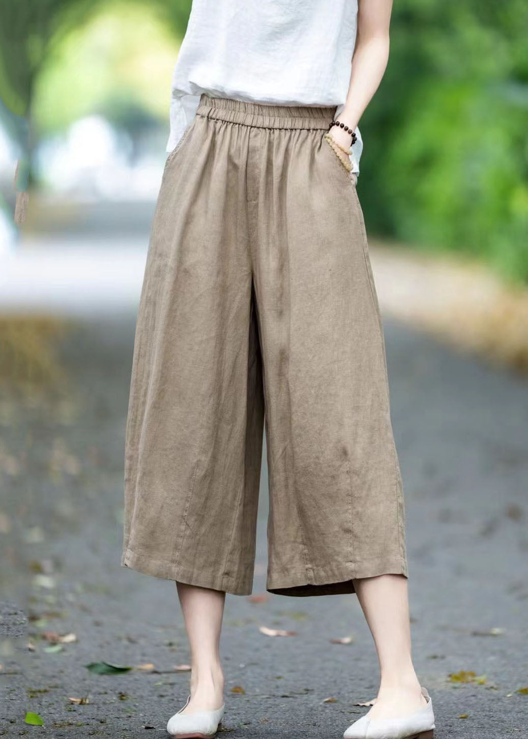 Khaki Linen Crop Pants Oversized Pockets Summer