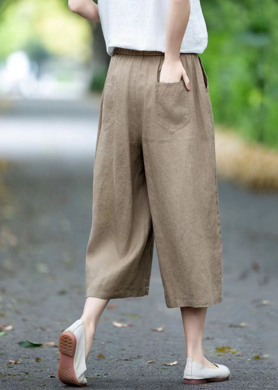Khaki Linen Crop Pants Oversized Pockets Summer