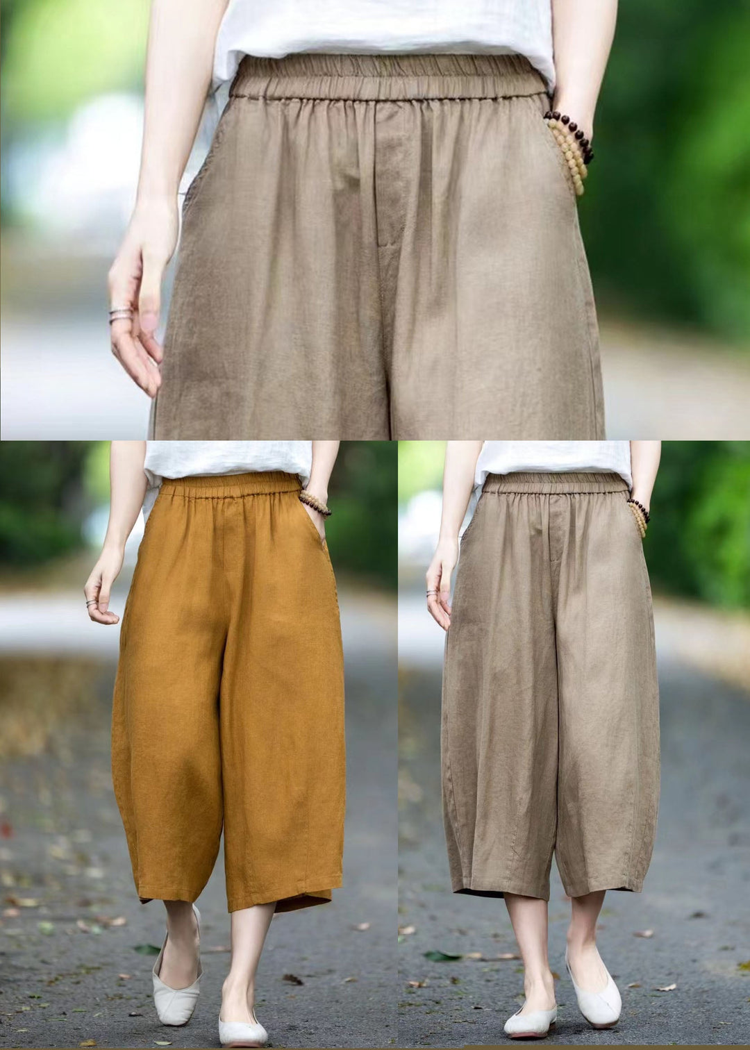 Khaki Linen Crop Pants Oversized Pockets Summer