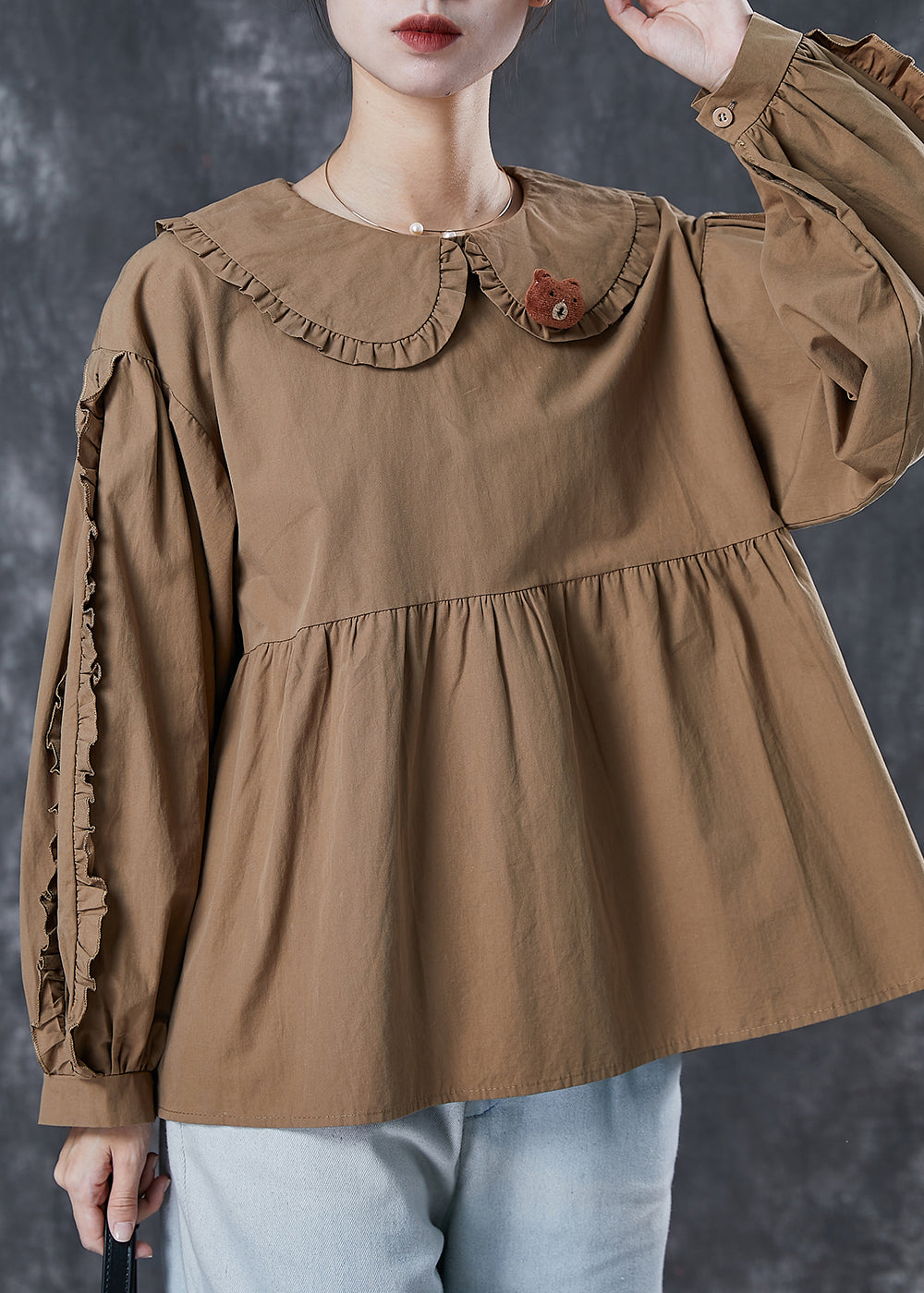 Khaki Loose Cotton Sweatshirt Ruffled Bear Spring