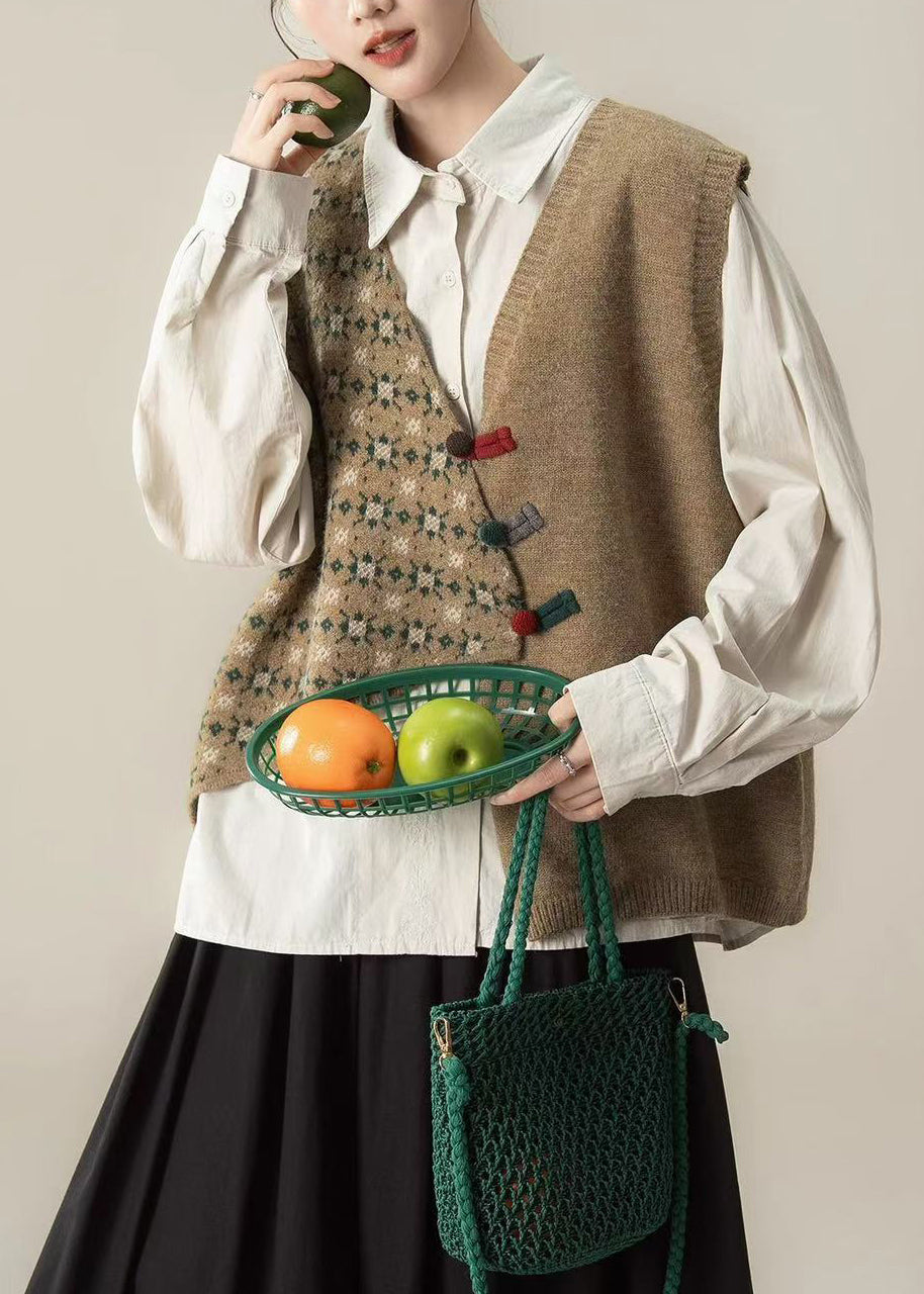 Khaki Loose Knit Short Vests Asymmetrical Design Winter