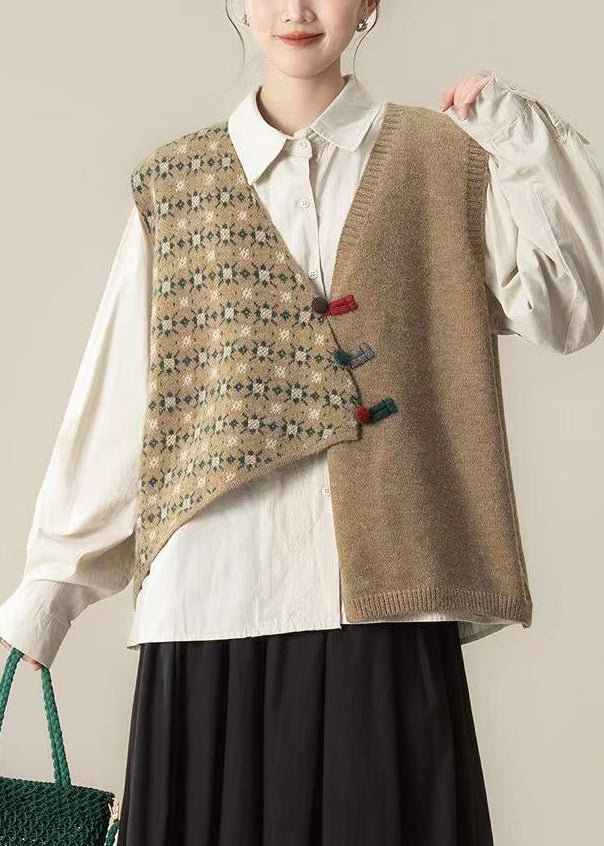 Khaki Loose Knit Short Vests Asymmetrical Design Winter
