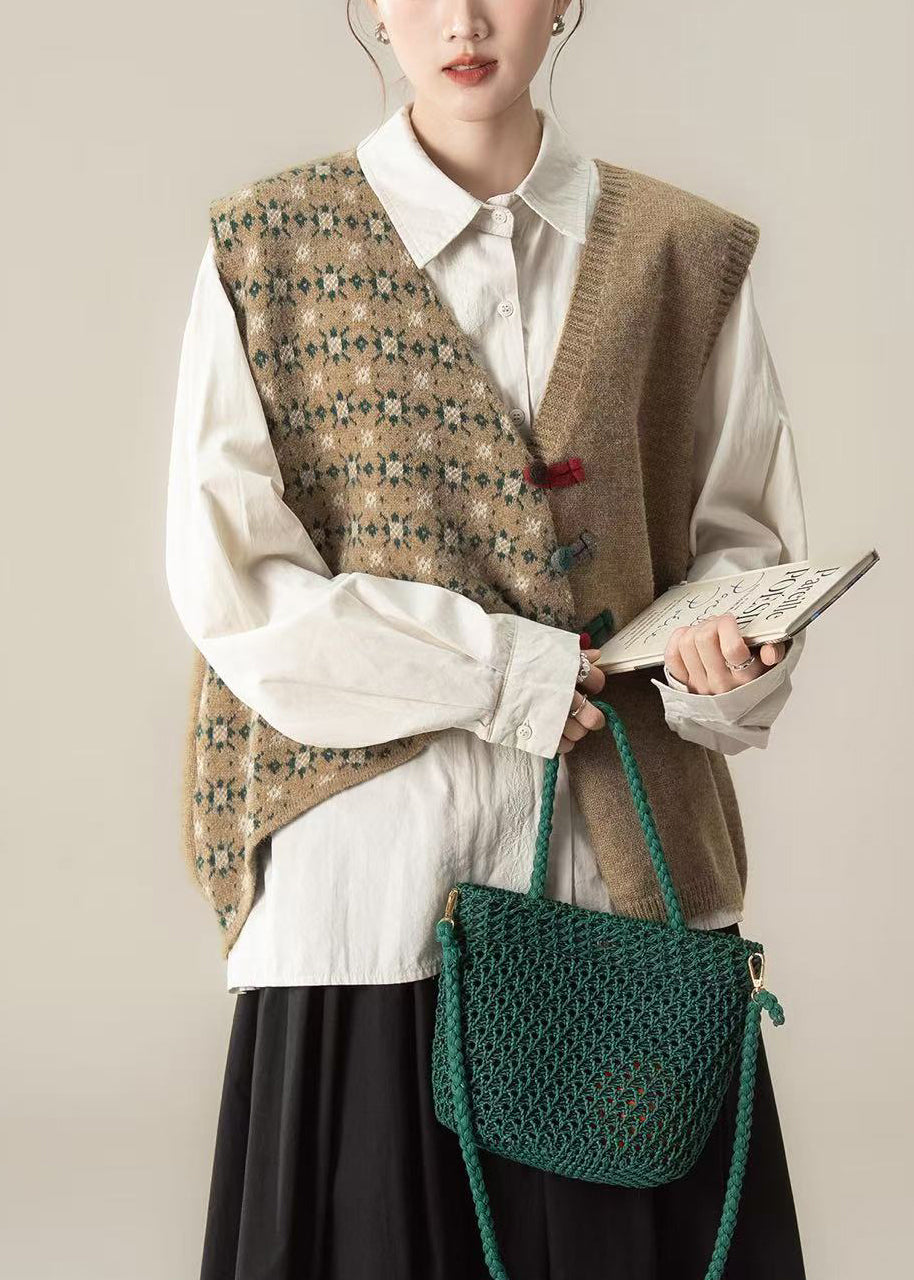 Khaki Loose Knit Short Vests Asymmetrical Design Winter