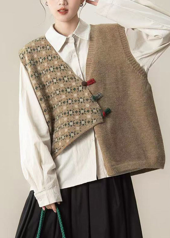 Khaki Loose Knit Short Vests Asymmetrical Design Winter