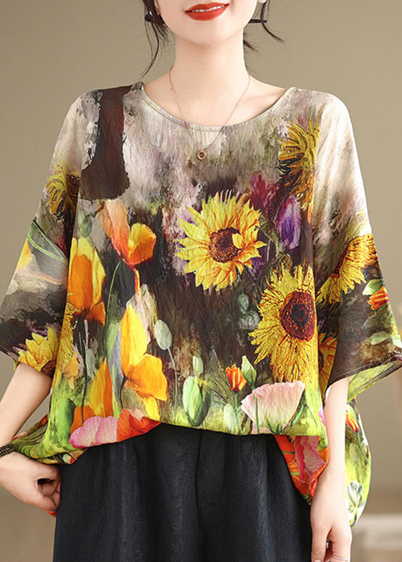Khaki O-Neck Patchwork Top Half Sleeve