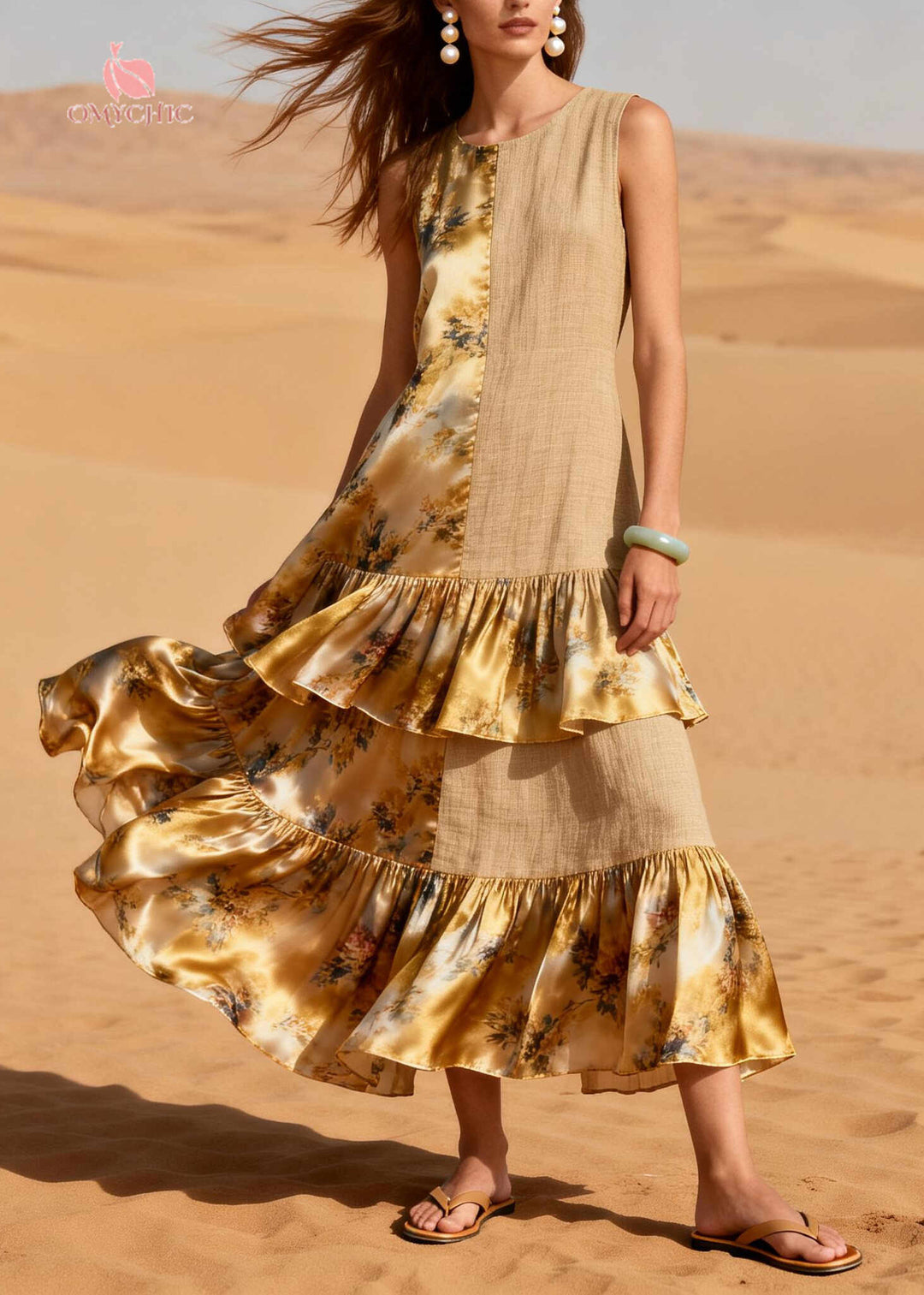Khaki Patchwork Linen Silk Party Dress Ruffled Asymmetrical Design Summer