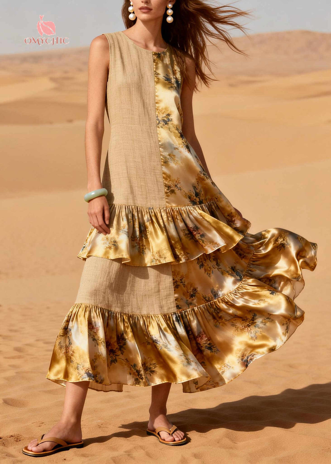 Khaki Patchwork Linen Silk Party Dress Ruffled Asymmetrical Design Summer