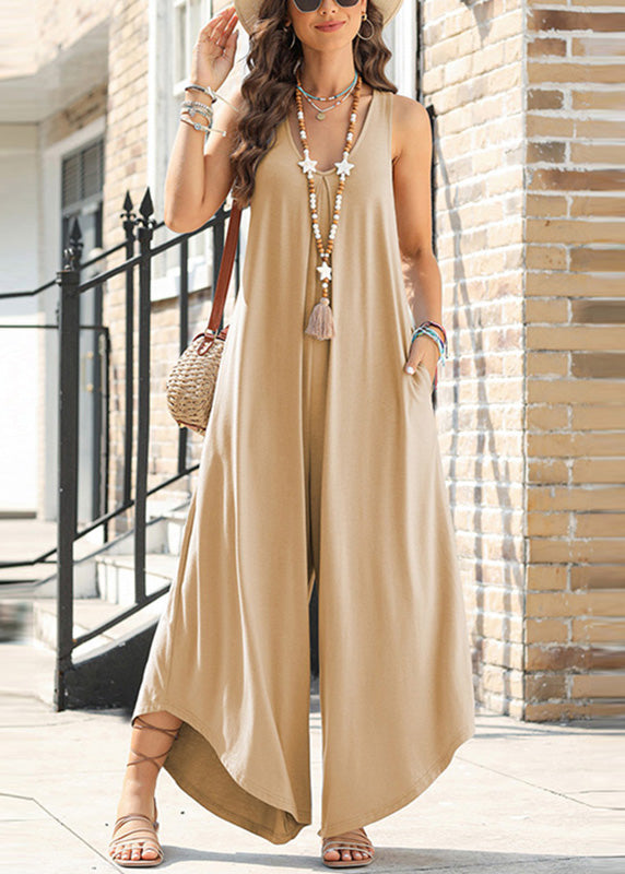 Khaki Patchwork Pockets Jumpsuit Sleeveless