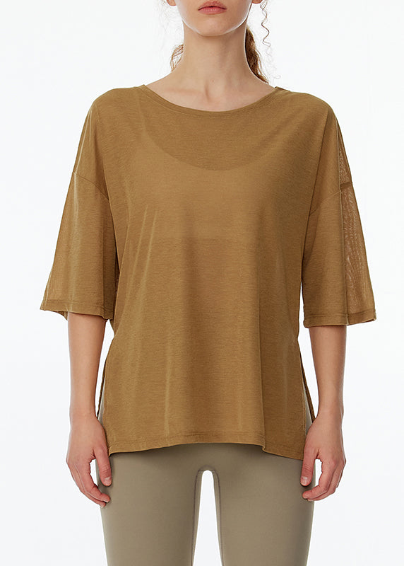 Khaki Patchwork Short Sleeve Smock Yoga Top