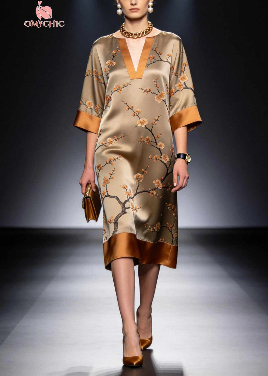 Khaki Patchwork Silk Long Dress Plum Blossom Print Summer