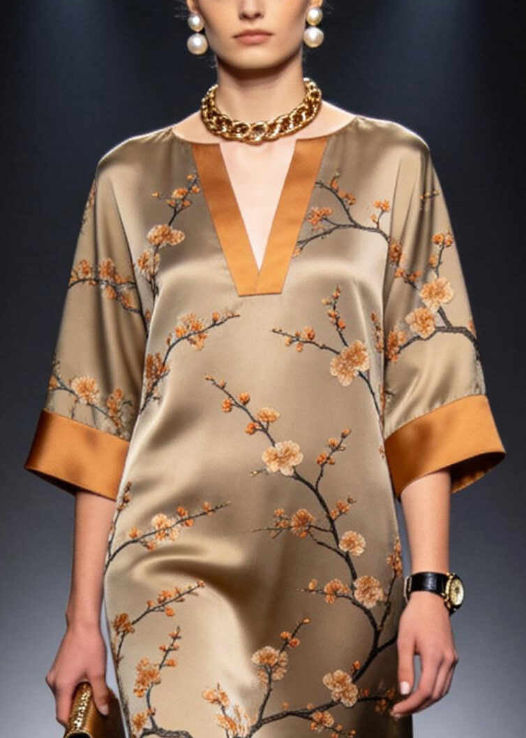 Khaki Patchwork Silk Long Dress Plum Blossom Print Summer