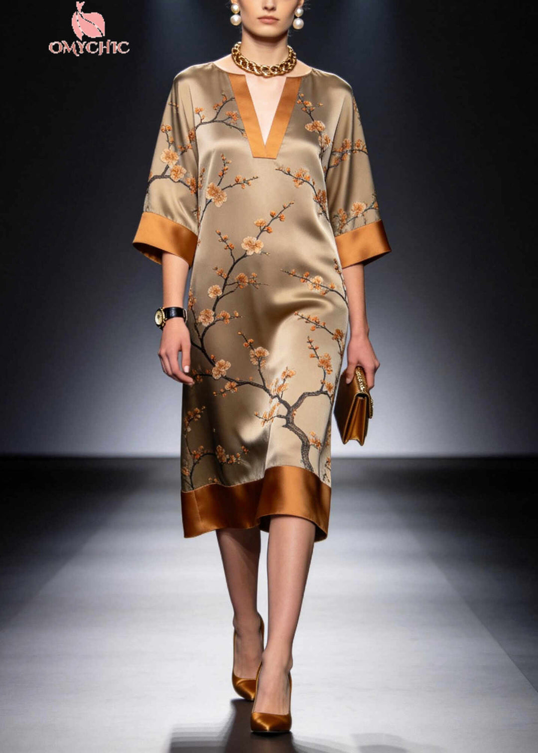Khaki Patchwork Silk Long Dress Plum Blossom Print Summer