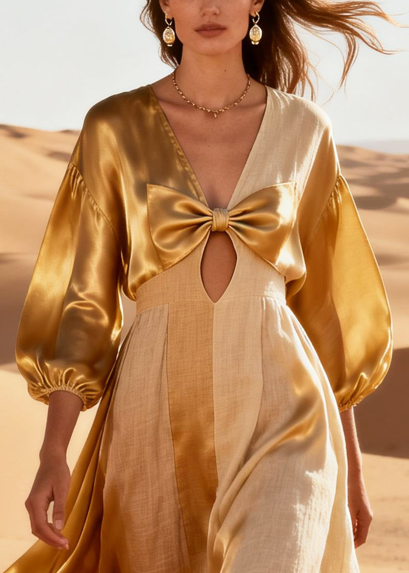 Khaki Patchwork Silk Long Dresses Asymmetrical Hollow Out Summer