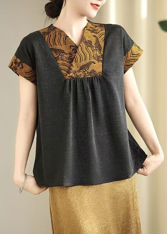 Khaki Patchwork Silk Oriental Shirts V Neck Summer