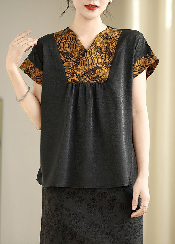 Khaki Patchwork Silk Oriental Shirts V Neck Summer