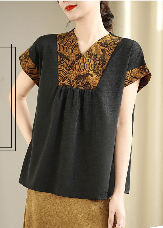 Khaki Patchwork Silk Oriental Shirts V Neck Summer