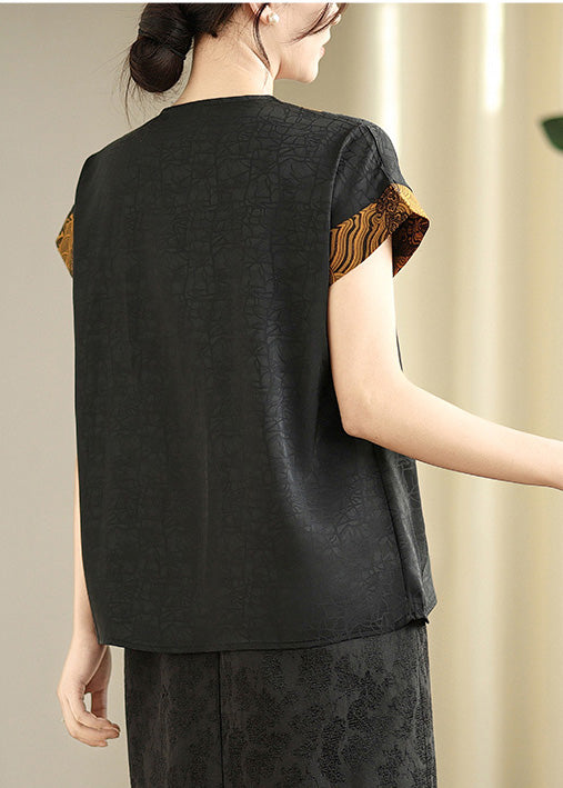 Khaki Patchwork Silk Oriental Shirts V Neck Summer