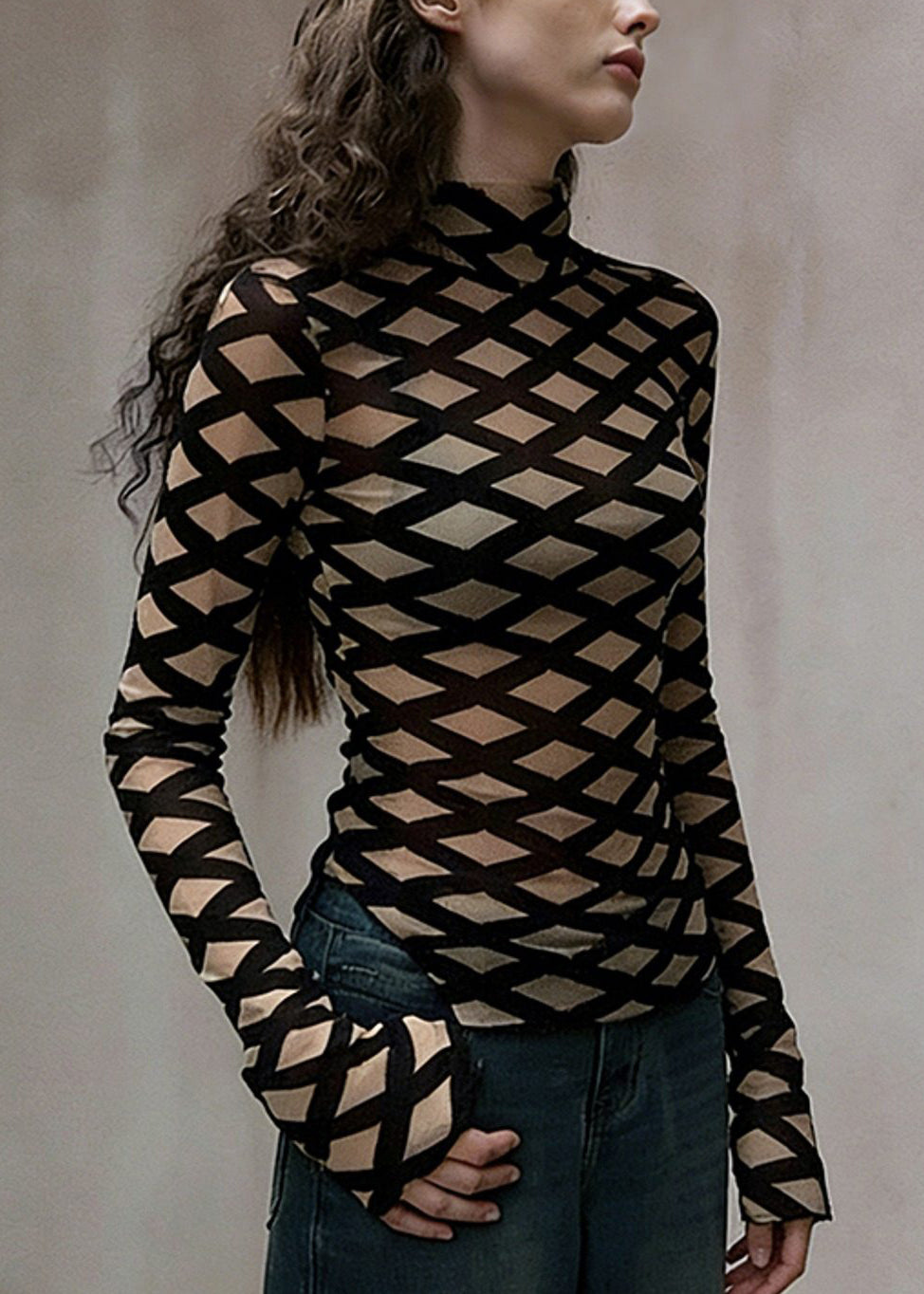 Khaki Plaid Cotton Top Stand Collar Side Open Spring