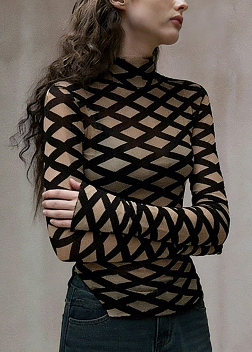 Khaki Plaid Cotton Top Stand Collar Side Open Spring