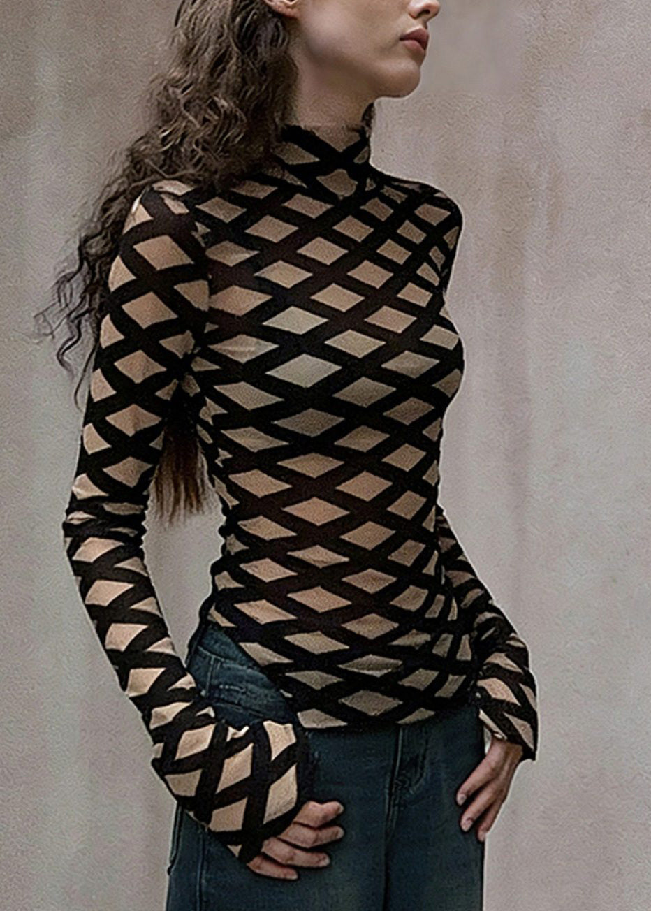 Khaki Plaid Cotton Top Stand Collar Side Open Spring