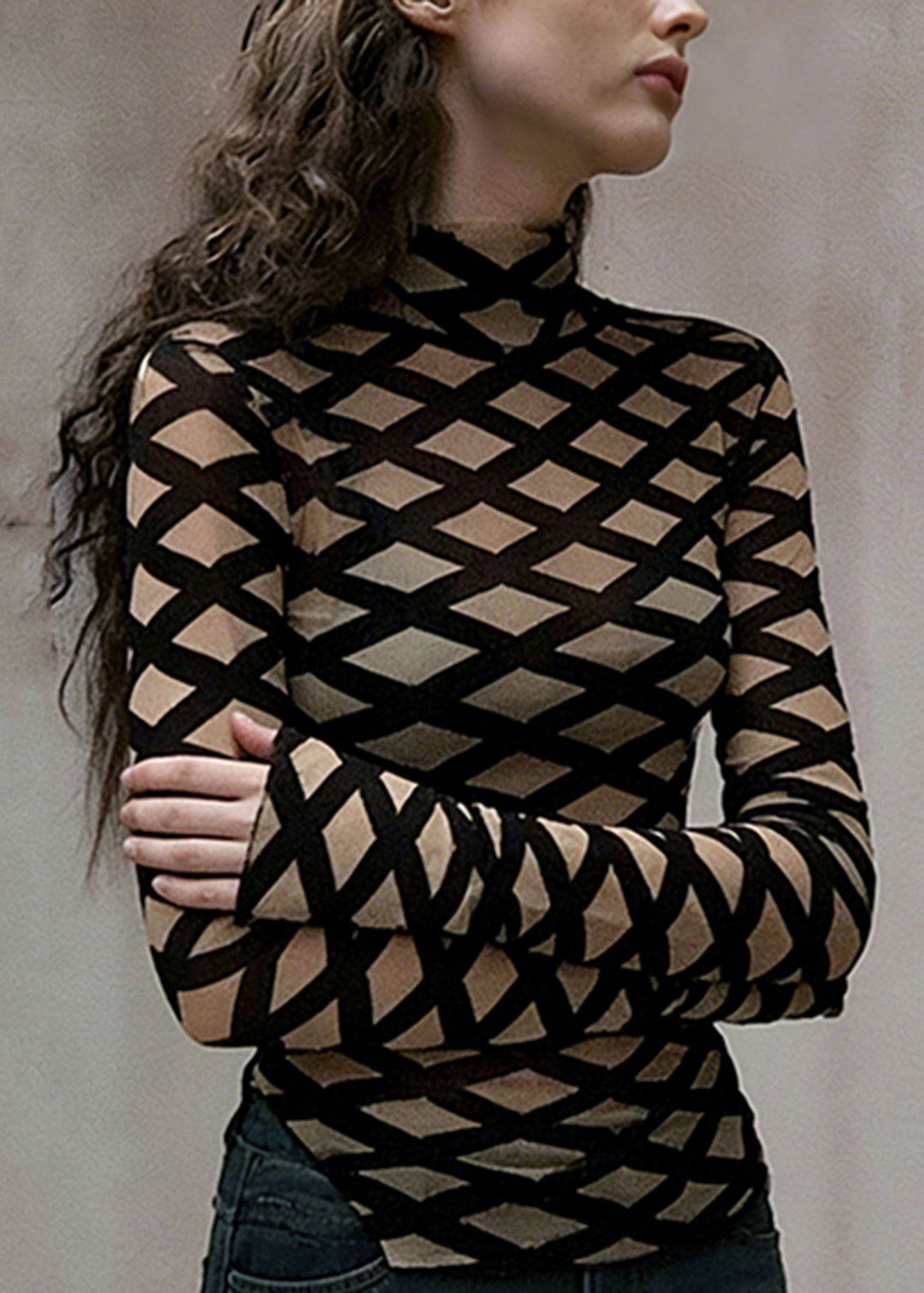 Khaki Plaid Cotton Top Stand Collar Side Open Spring