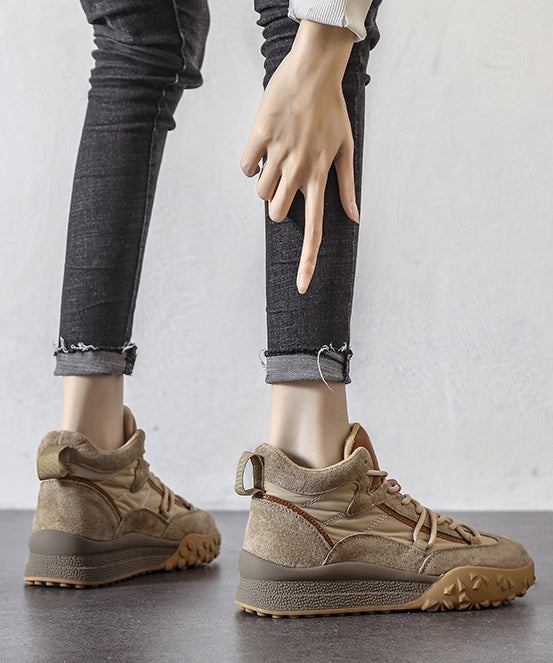 Khaki Platform Suede 2025 Lace Up Splicing Flats Fuzzy Wool Lined