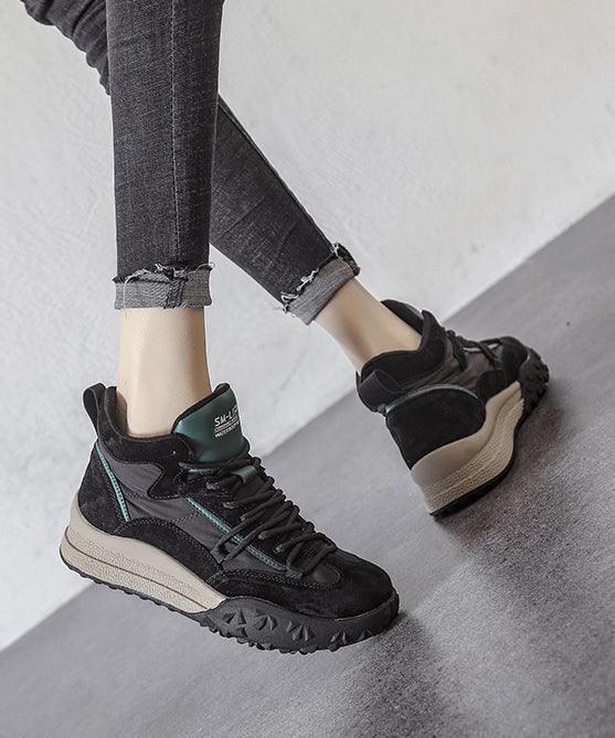 Khaki Platform Suede 2025 Lace Up Splicing Flats Fuzzy Wool Lined