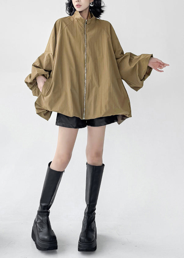 Khaki Pockets Oversized Cotton Coat Zip Up Batwing Sleeve