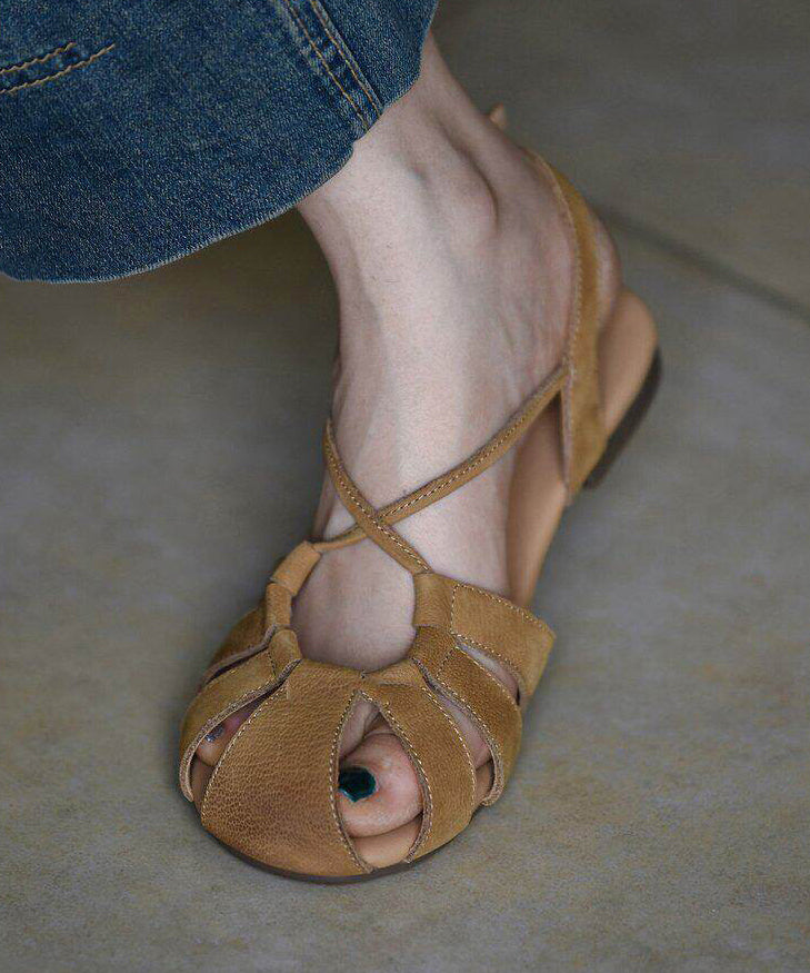 Khaki Sandals Cowhide Leather Stylish Hollow Out Sandals