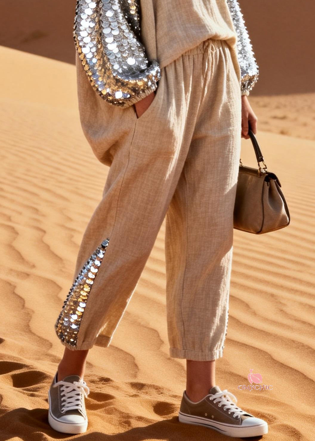 Khaki Sequins Elastic Waist Patchwork Linen Jumpsuits V Neck Spring