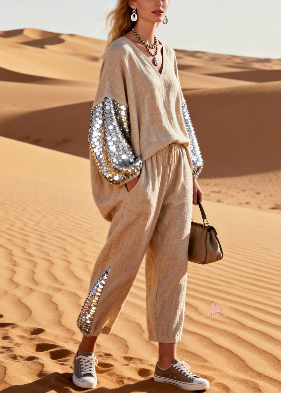 Khaki Sequins Elastic Waist Patchwork Linen Jumpsuits V Neck Spring