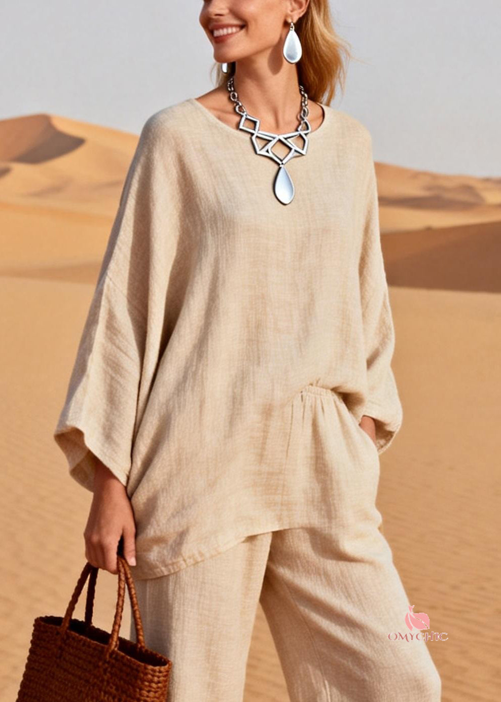 Khaki Sequins Patchwork Tops And Wide Leg Pants Two Pieces Set O Neck Spring