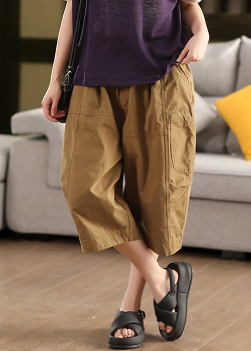 Khaki Solid Loose Cotton Summer Crop Pants Elastic Waist