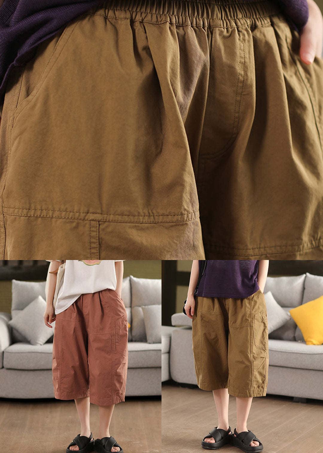Khaki Solid Loose Cotton Summer Crop Pants Elastic Waist