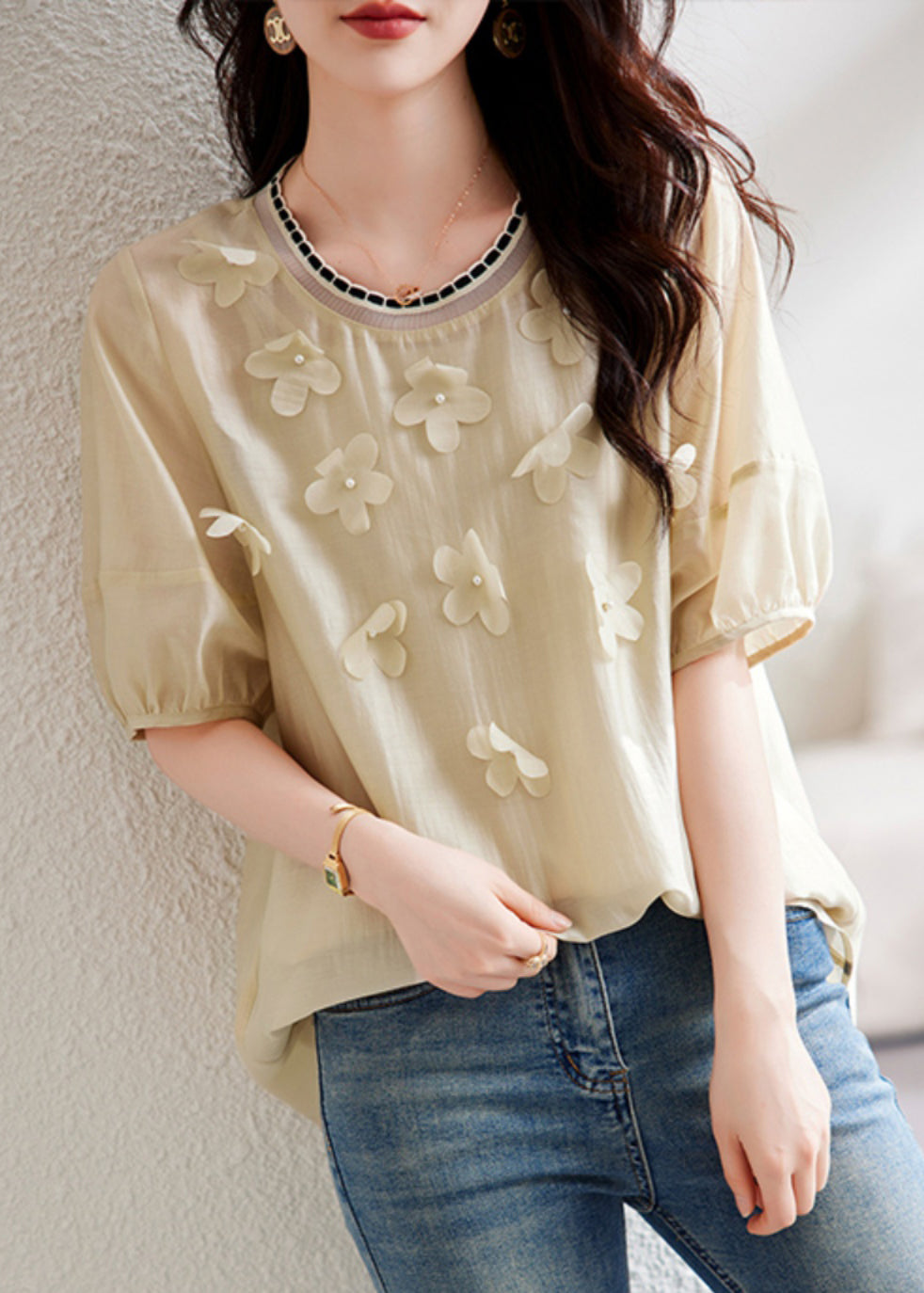 Khaki Solid Patchwork Chiffon Summer Shirts O-Neck