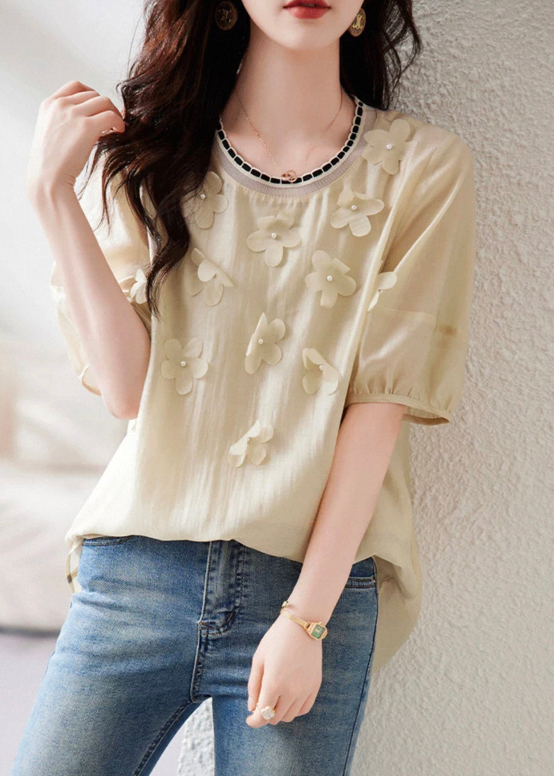 Khaki Solid Patchwork Chiffon Summer Shirts O-Neck