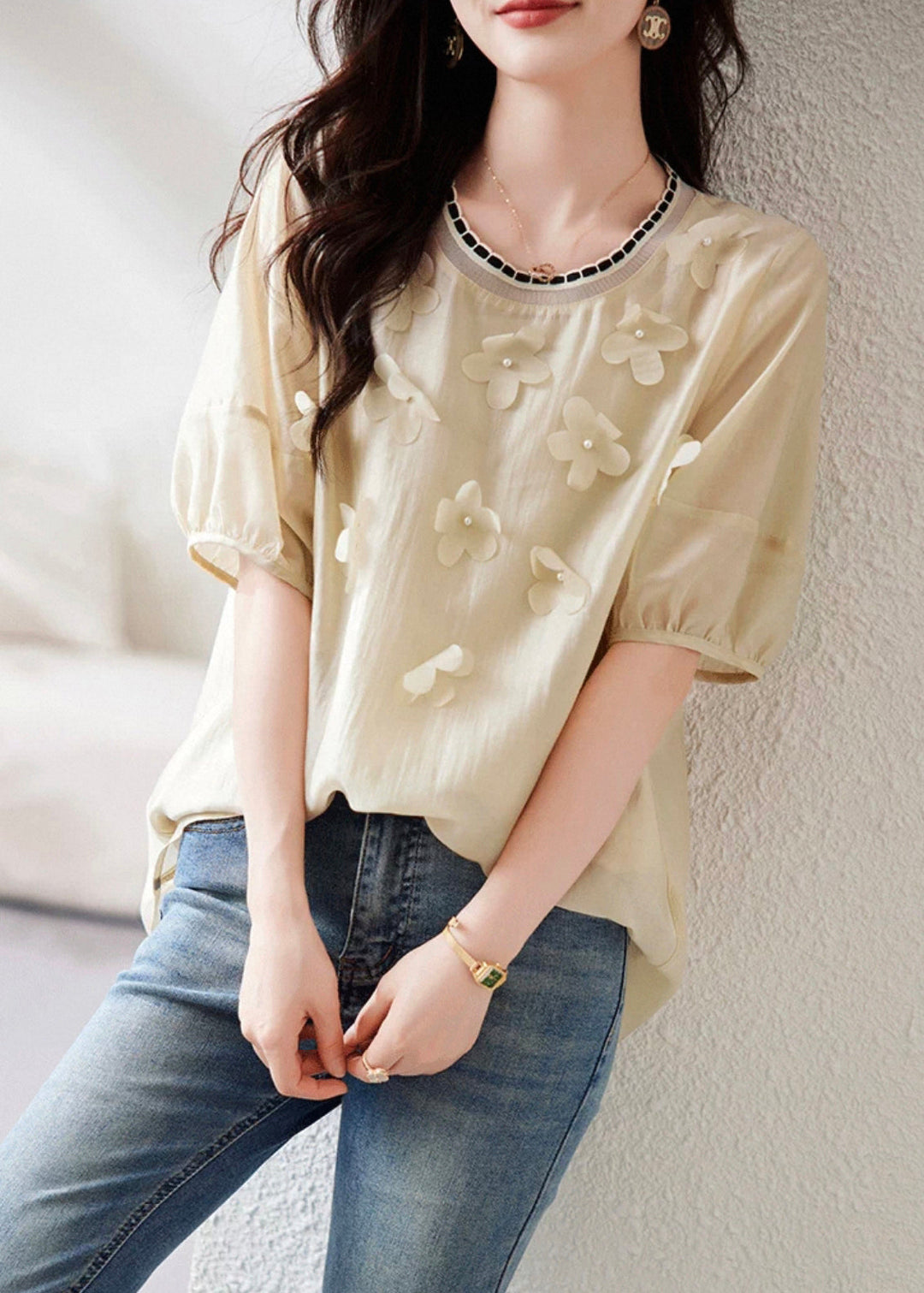 Khaki Solid Patchwork Chiffon Summer Shirts O-Neck